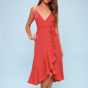 Lulu’s Berry Pink Ruffled Midi Wrap Dress